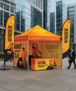 Event-Kit: 3x3 Zelt, Tisch mit Tischtuch, Fahnen