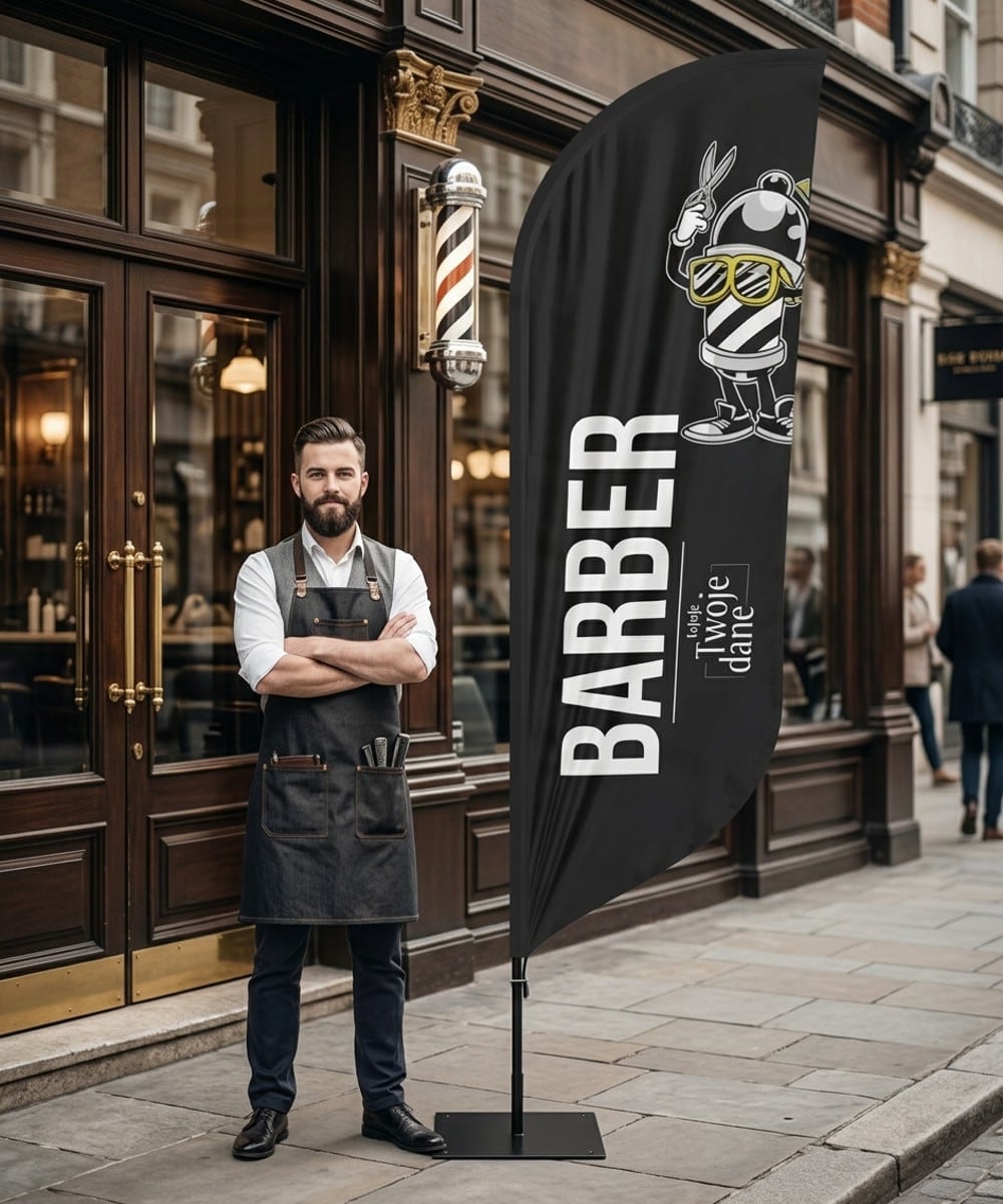 Flaga winder Barber Shop - gotowy beachflag Barber 1 + logo