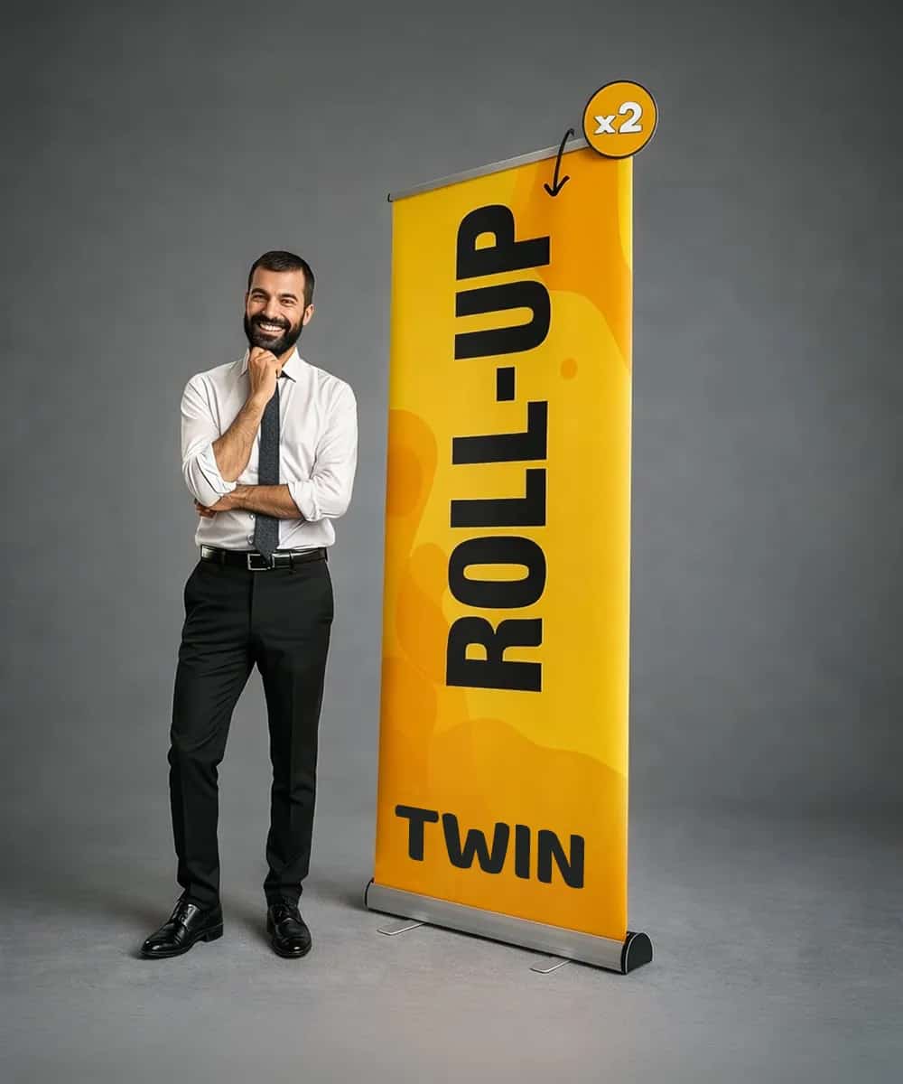 TWIN double-sided advertising roll-up banner with UV printing – Product image